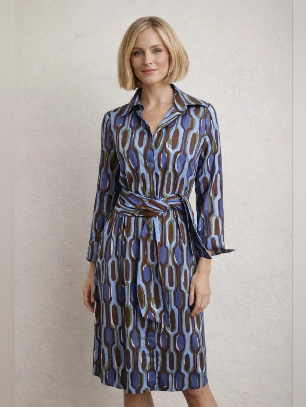 Womens XS J. McLaughlin The Orla Dress 70s Geometric Cotton Blue Pattern Dress